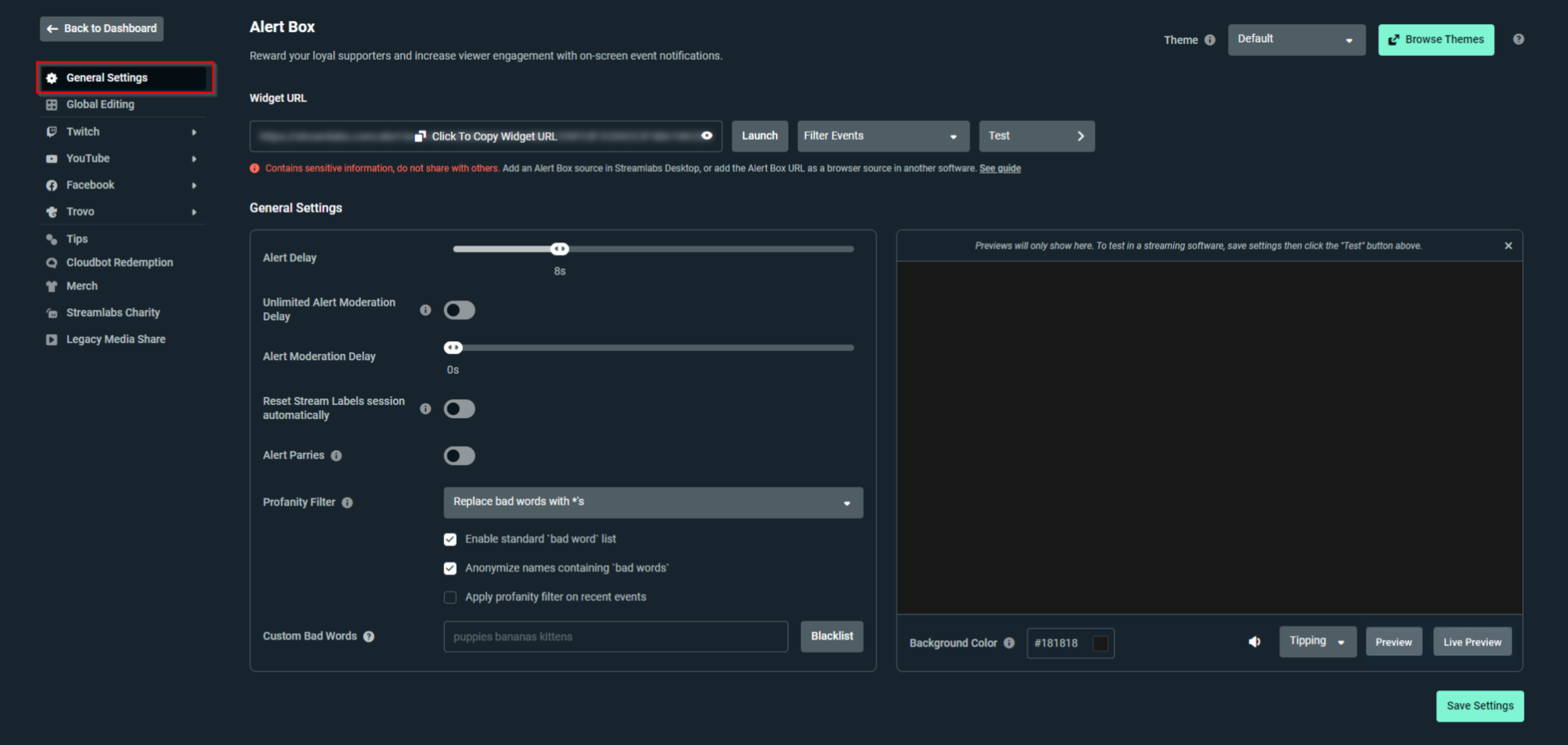 General Settings tab for Alert Box in Streamlabs Dashboard